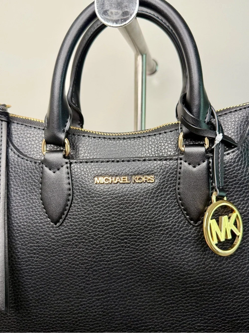 Michael Kors Black Pebbled Leather Dome Satchel with Gold Hardware